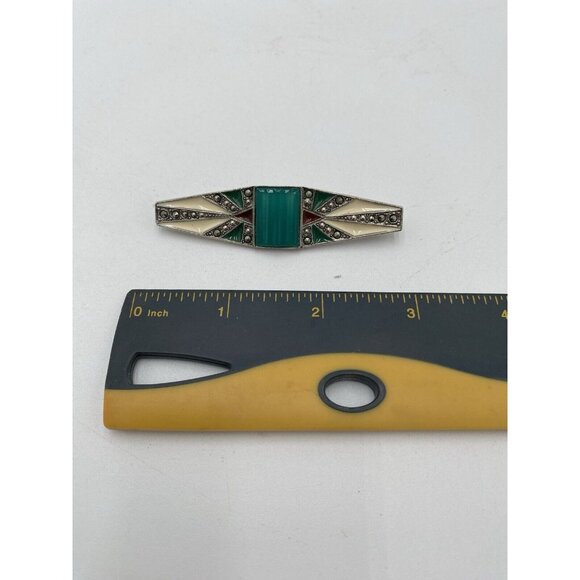 Vintage Silver Tone Turquoise Pin Brooch Bar Rhinestone Jewelry Scarf  2.5" Long - Picture 2 of 6